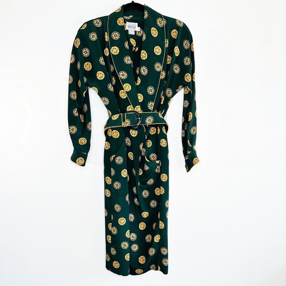 Vintage Leslie Fay Long Sleeve Printed Belted Faux Wrap Midi Dress 4 Petite - Picture 16 of 16